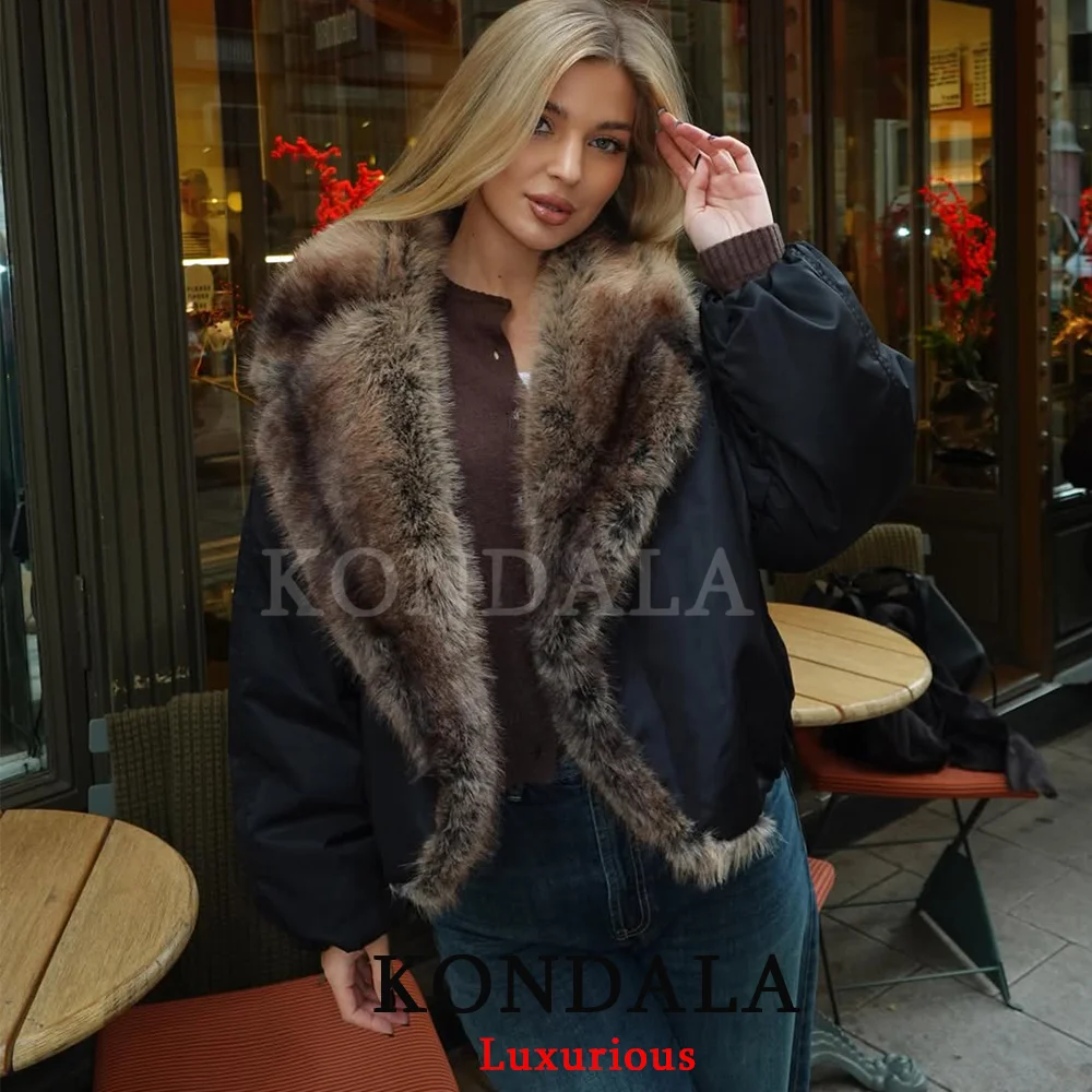 

KONDALA винтажные стеганые пальто с меховым воротником, мода 2026, весенне-зимние толстые теплые куртки с карманами, повседневная женская верхняя одежда больших размеров