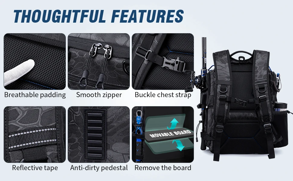 50L Großer Angelrucksack 900D Wasserabweisende Angeltaschen zur Aufbewahrung von Angelausrüstung, Geschenk für Männer – Detail 4