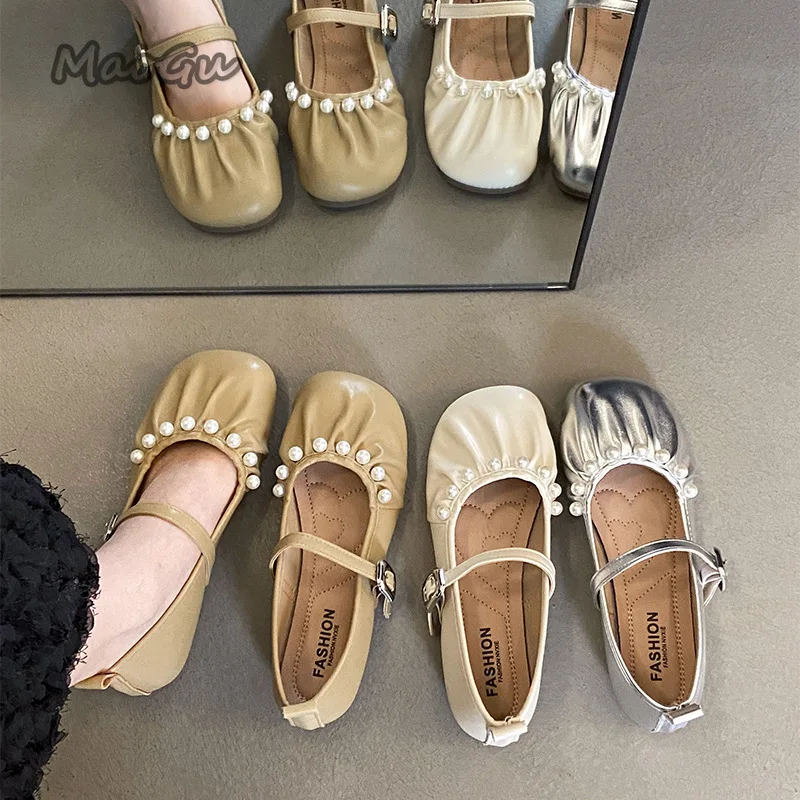 Zapatos Mary Jane franceses con decoración de perlas y hebilla, zapatos de tacón bajo poco profundos con punta redonda, bailarinas de suela blanda, zapatos de mujer talla 35-42