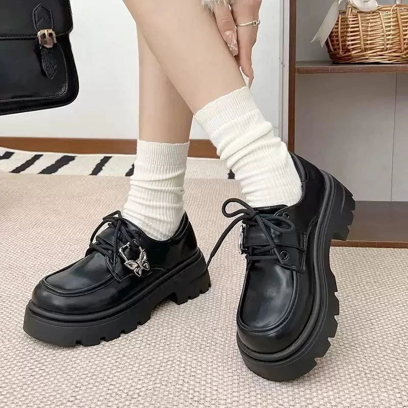 

2025 Spring New Arrival Women's Black Thick Sole Chunky Heel Leather Loafer Slip On Vintage British Style Petite Shoes