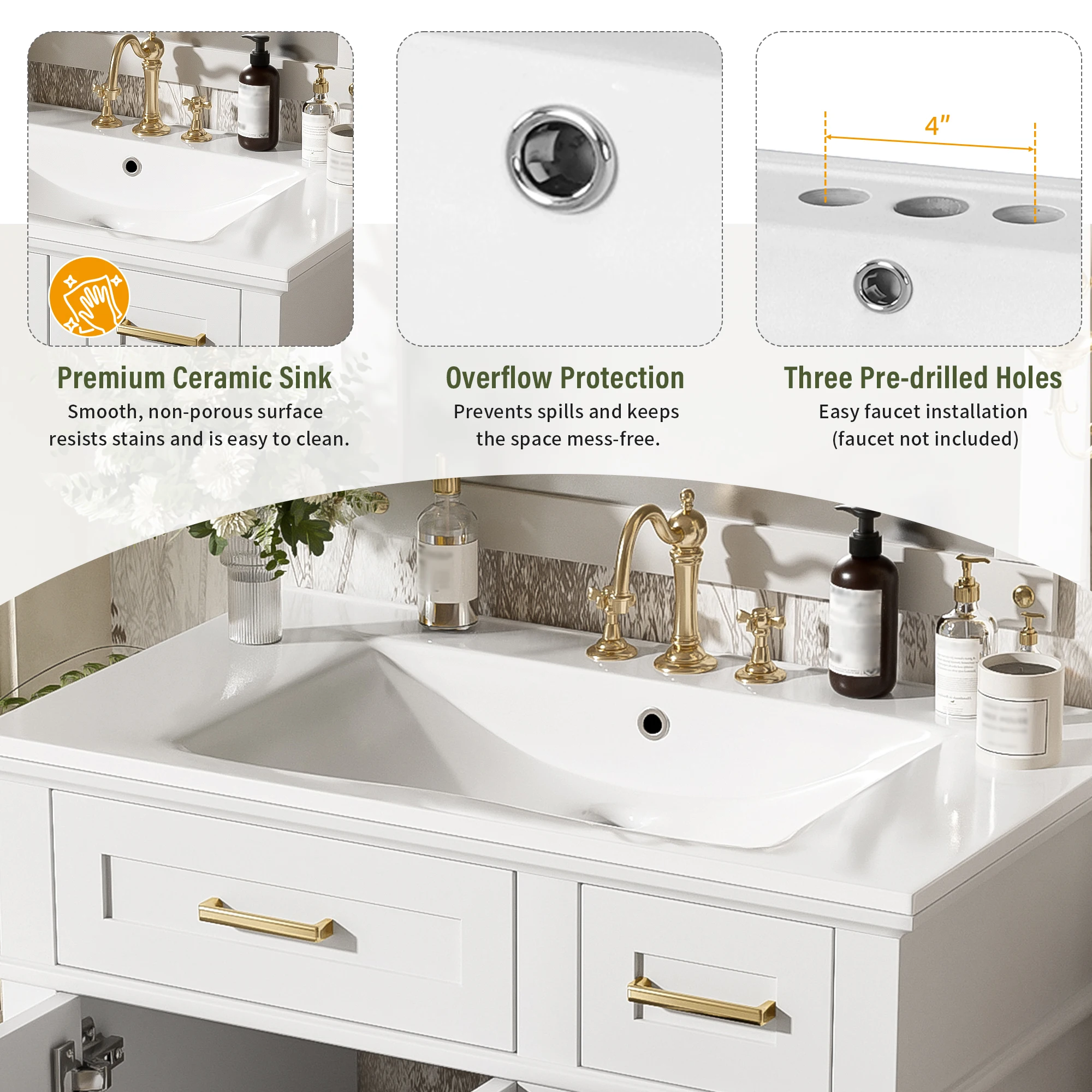 โต๊ะเครื่องแป้งห้องน้ํา SH.KL 30" พร้อมอ่างล้างจานเซรามิก, ตู้เก็บของทันสมัยพร้อมประตูแบบปิดแบบนุ่มนวล, เฟอร์นิเจอร์ห้องน้ํา, โต๊ะเครื่องแป้ง