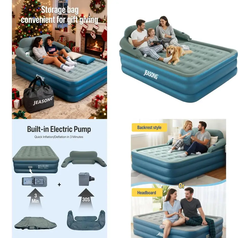 19 Inch Premium Queen Air Mattress with Rechargeable Pump, Detachable Headboard, and Cup Holders - Portable Elevated Blow-Up Bed