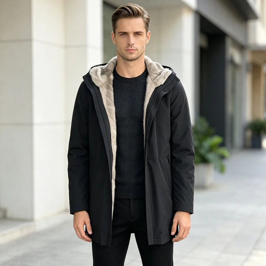 Black Natural Mink Fur Parka With Hood Cropped Mink Fur Jacket Short Men's Winter Parka Fashion Genuine Fur Coat