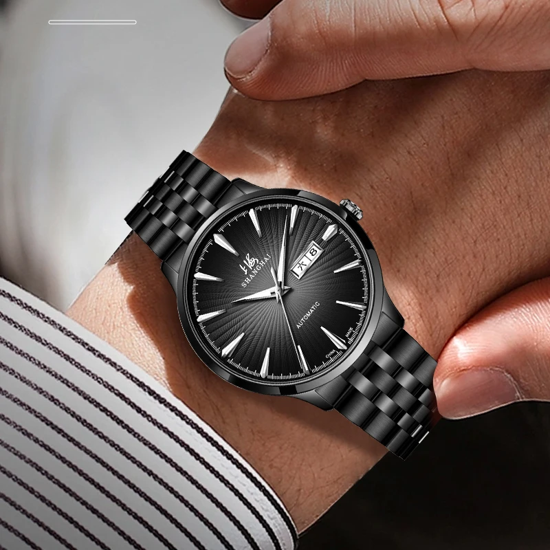 Shanghai Men's Watch Automatic Mechanical Movement 41.33mm All Black Elegant Watch Water Resistant 50m Luminous Classic Watch