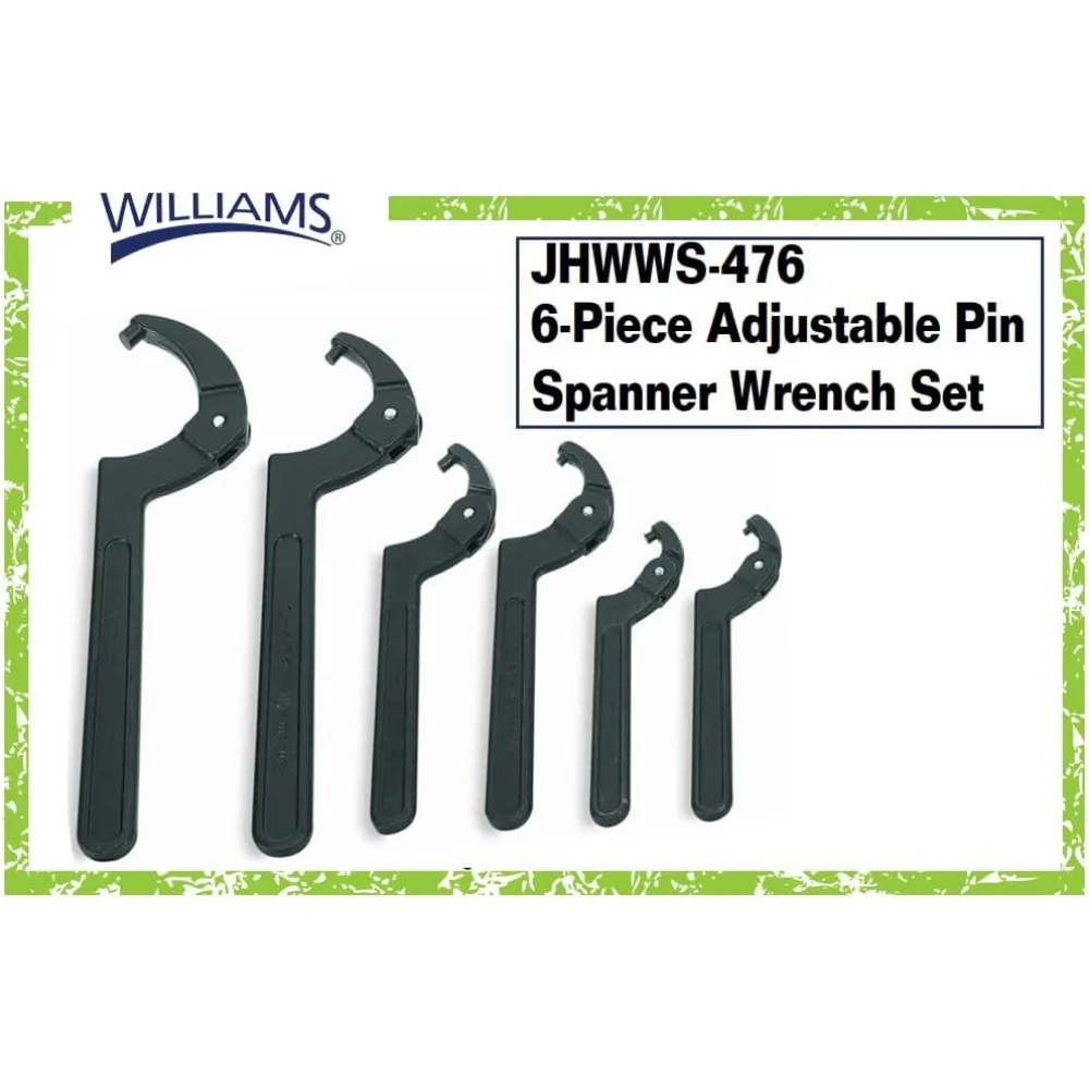 Williams JHWWS-476-Juego de llaves inglesas de Pin ajustable, Ideal para ajustar collares, anillos de tuerca de bloqueo y rodamientos, 6 piezas