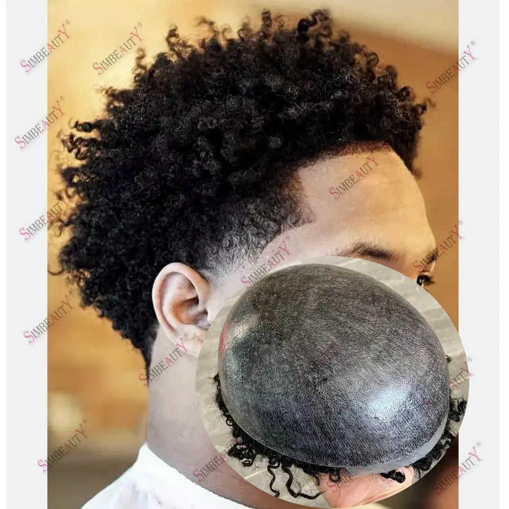 Afro Man 8mm Curly Human Hair Men Toupee Jet Black0.1MM Full Pu Skin Base Natural Hairline Capillary Prosthesis Male Hair System