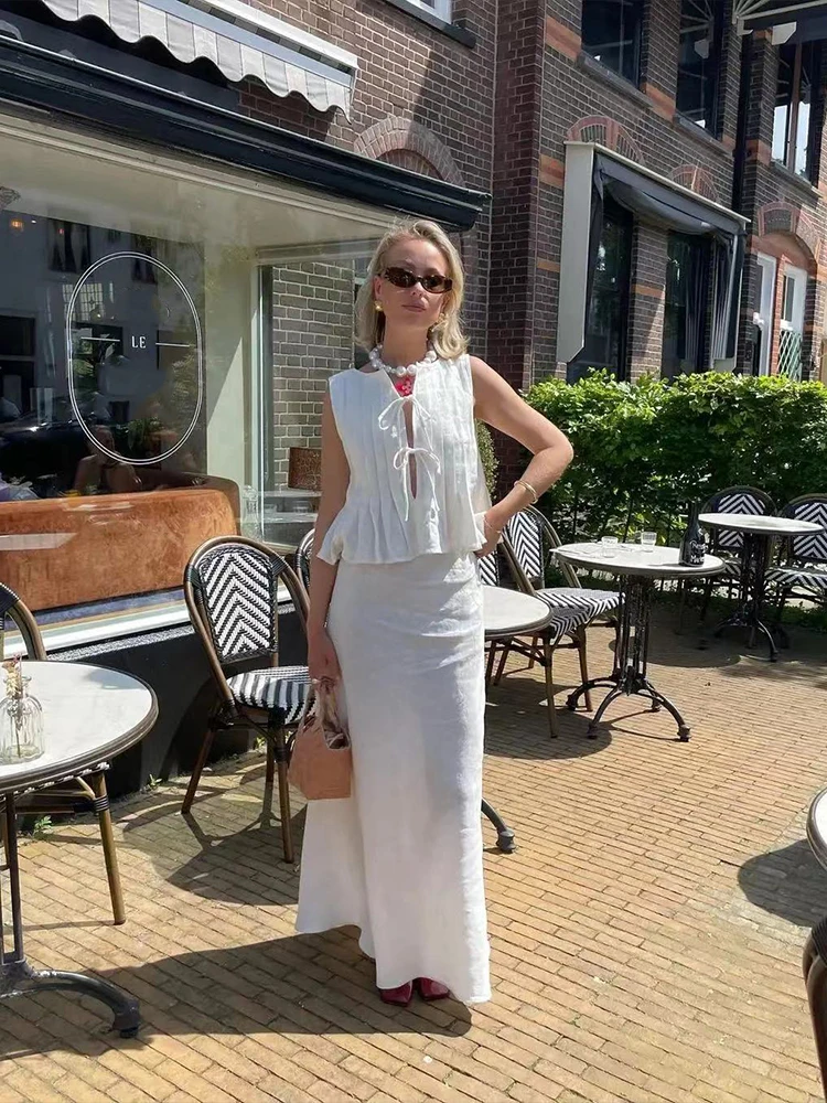 Korean Sleeveless Lace Elegant Tops Loose Beach Hollow Out Dresses Outfit Women Normcore Pleated Cotton Linen Casual Clothes