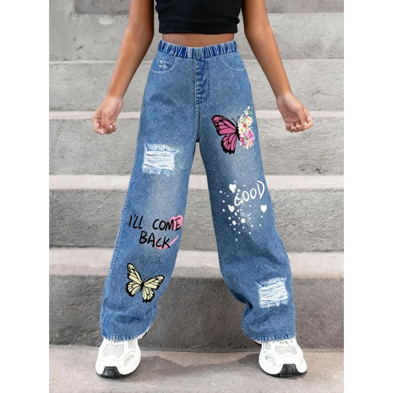 

2025 Girl Y2K Style - Butterfly Print Fashion Casual Versatile - Loose Wide Legs High Waist Elastic Ripped Imitation Jeans