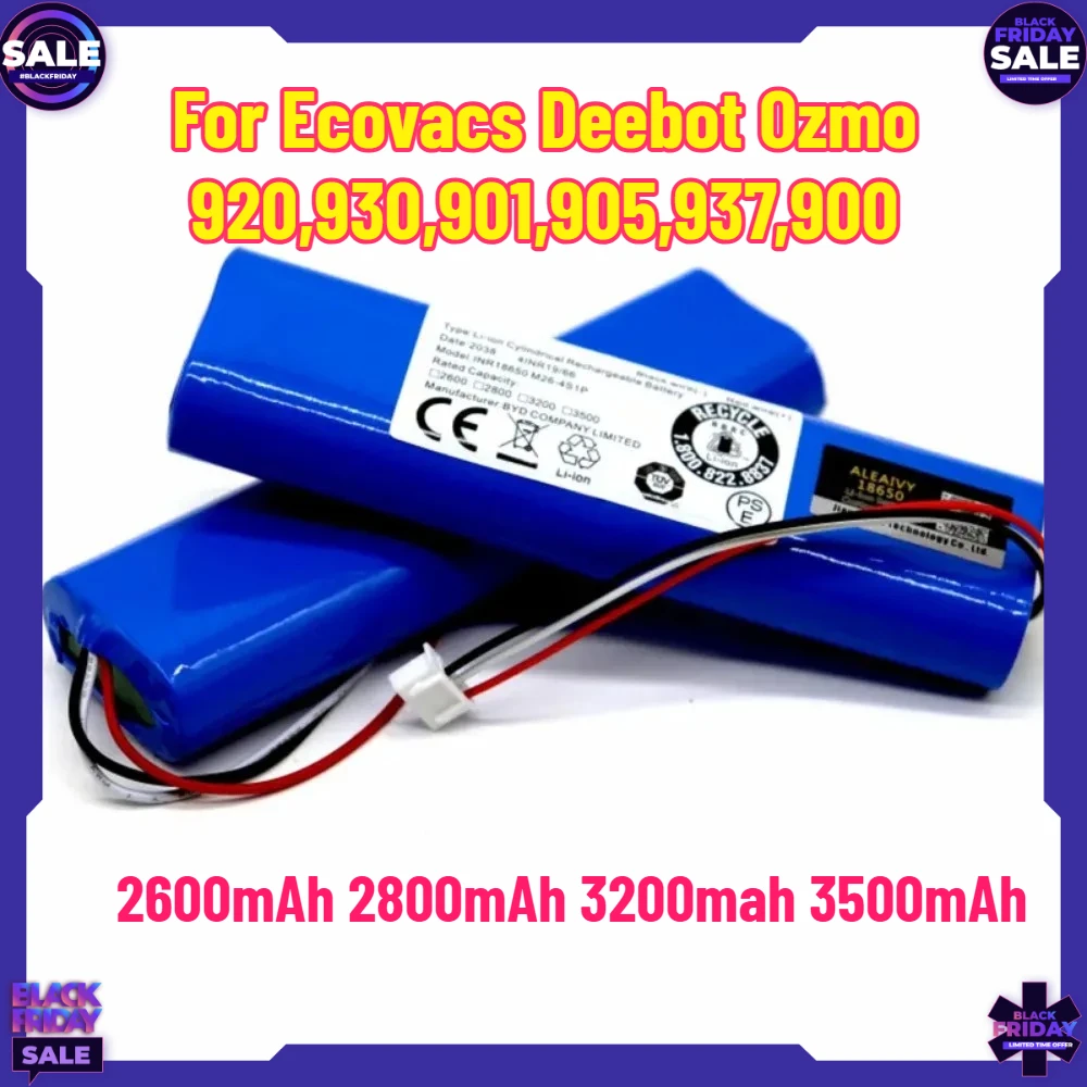 

14.4V 2600mAh Robot Vacuum Cleaner Replacement 18650 Battery for Ecovacs Deebot Ozmo 920,930,901,905,937,900 Lithium Ion Battery