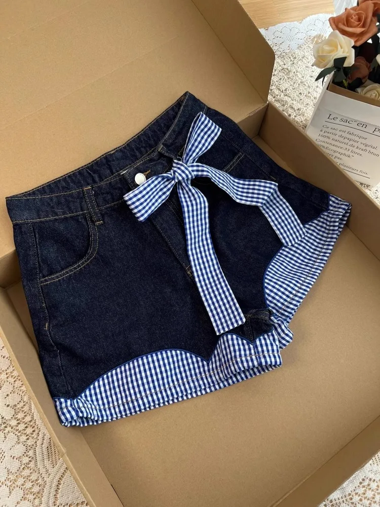 

Women's Korean checkered patchwork denim shorts with a straight leg, high waist, A-line bow strap, wide leg shorts Y2K design
