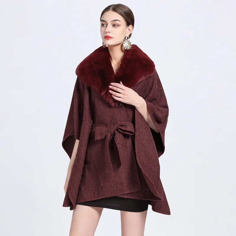 

Autumn Winter New Imitation Otter Rabbit Fur Collar Knitted High-grade Imitation Wool Coat Poncho Lady Capes Red Cloaks