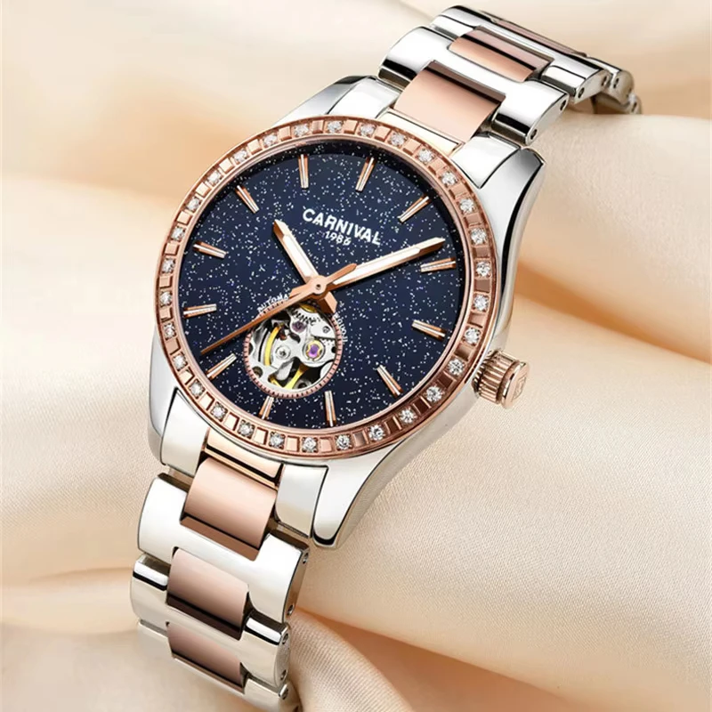 

Carnival Brand Skeleton Tourbillon Watch Ladies Luxury Automatic Movement Mechanical Wristwatches Waterproof Women Reloj Mujer