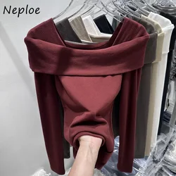 Neploe Fashion Slash Neck Off Shoulder T-shirts 2024 Autumn New Slim Fit Tee Shirt Y2k Long Sleeve Bottoming Tops Women