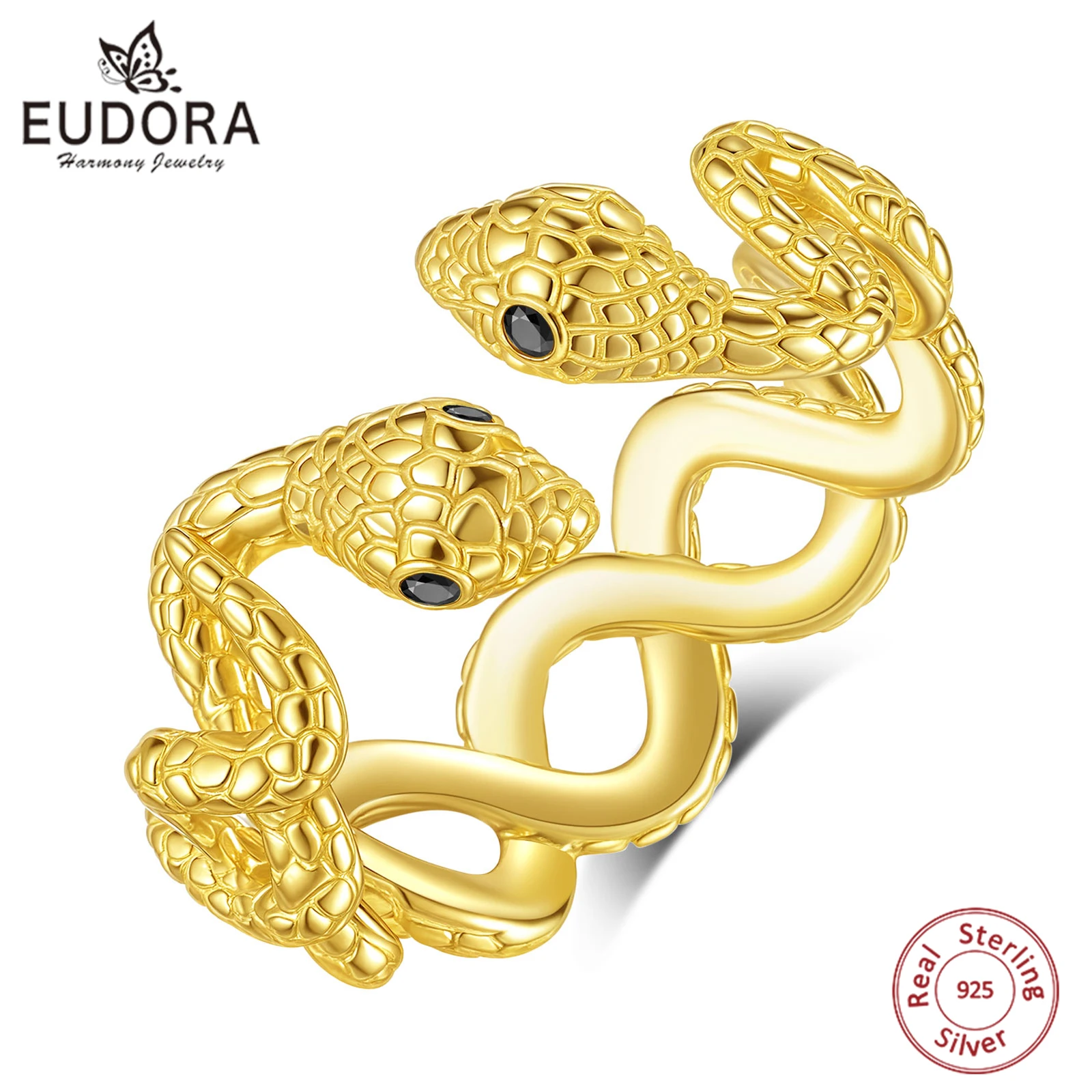 

Eudora Double Snake 18-каратное позолоченное регулируемое кольцо из стерлингового серебра 925 пробы с черным фианитом кольцо Cobra Wicca языческие украшения для женщин и мужчин