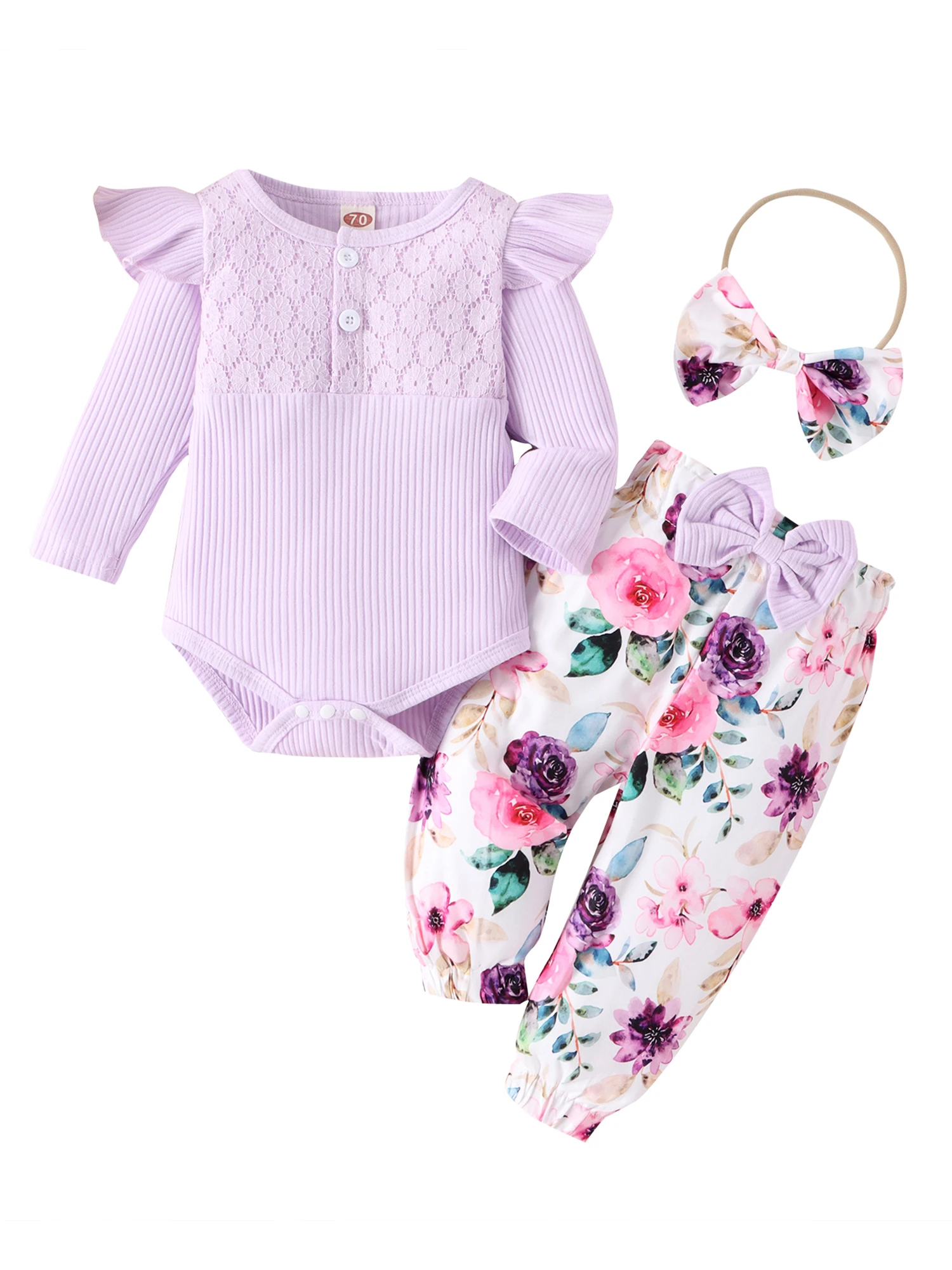 

Infant Girl s Fall Floral Pants Set with Ribbed Ruffle Sleeve Romper Long Pants and Headband - Adorable Baby Outfit for Autumn