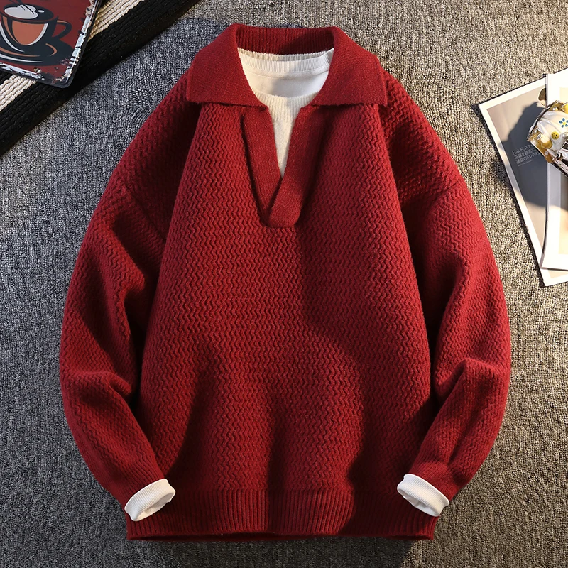 

Casual Knit Sweater for Men Turn-Down Collar Warm Solid Color Pullover Long Sleeve Top Male Popular Student Clothing