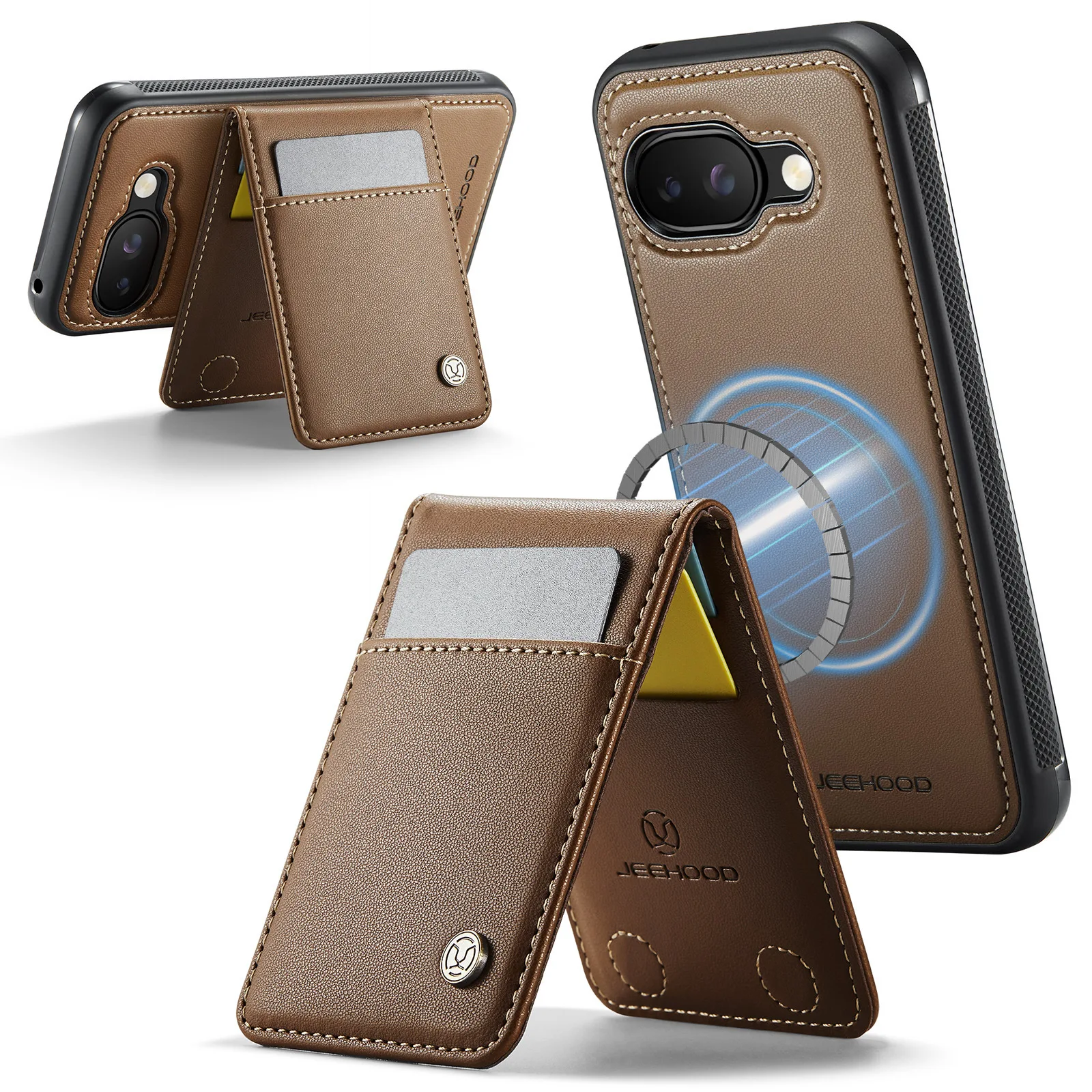 

Роскошный чехол для телефона Google Pixel 9Pro XL 9A, магнитный чехол для беспроводной зарядки, противоугонная щетка, разделенный держатель для карт, кожаный корпус