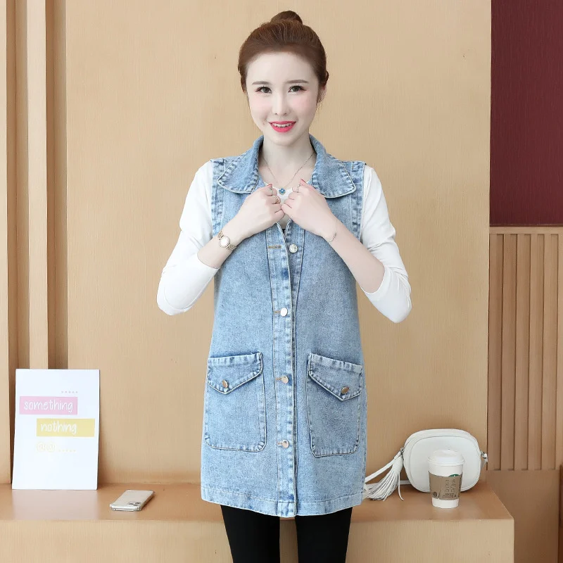 Women\'s Vest 2023New Denim Vest Autumn Korean Loose Mid-length Sleeveless Jeans Waistcoats Ladies Vest Jacket Tops Outwear