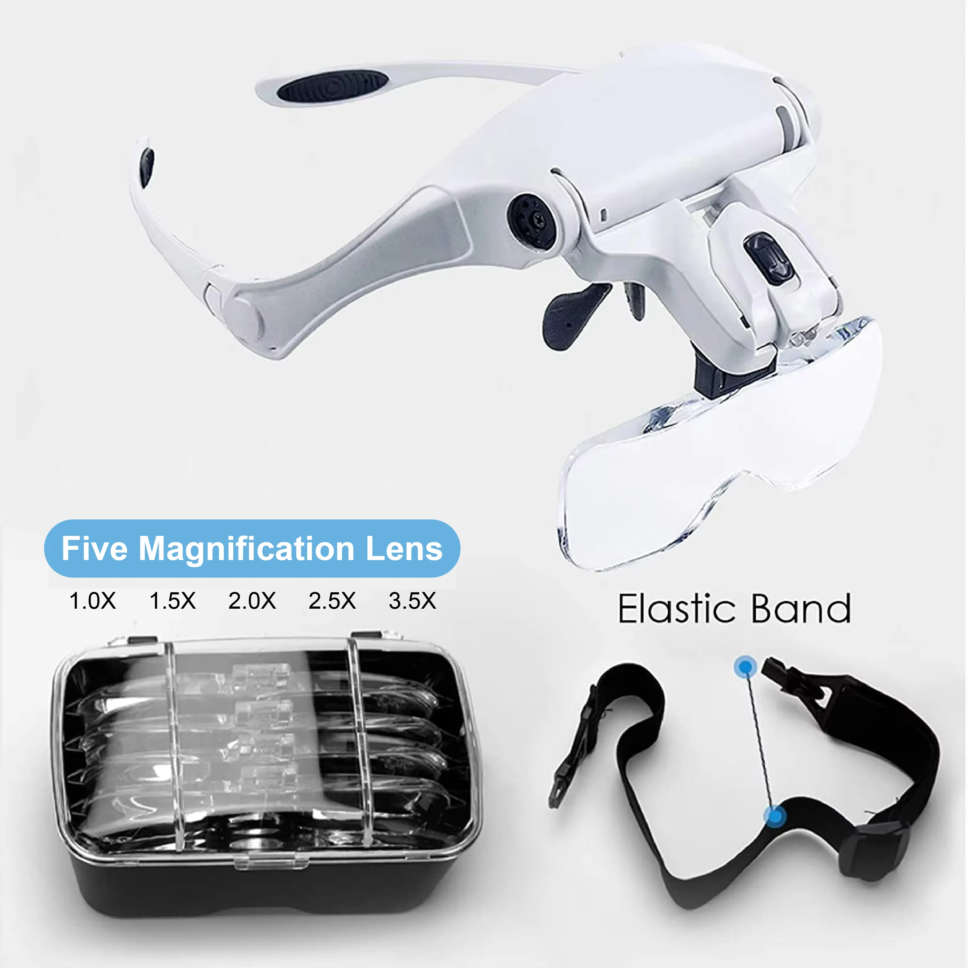 Head Mount Magnifying Glasses Magnifier 5 Lens for Reading Repairing, Headband/bracket 2LED Illuminated