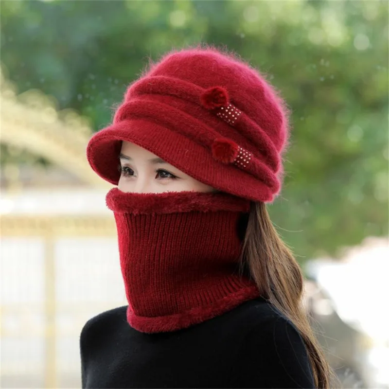 Gorro de invierno con forro de piel para mujer, conjunto de gorro y bufanda cálida, gorro de punto de piel de conejo informal