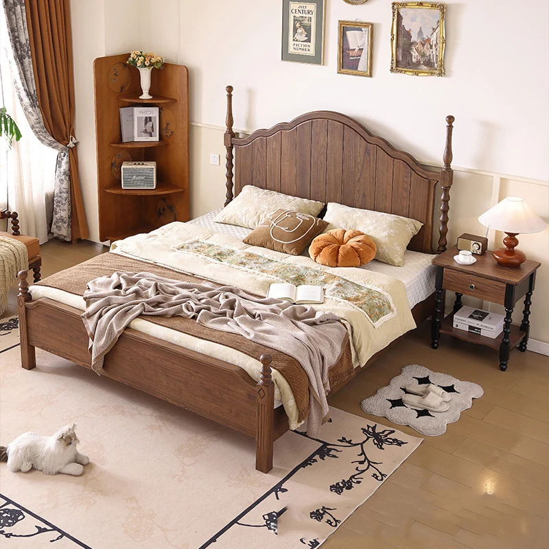 Retro Wood Carved Bed Frames Adults American Solid Platform King Size Bed Frames Lit Luxe Couples Cama Queen Bedroom Furniture
