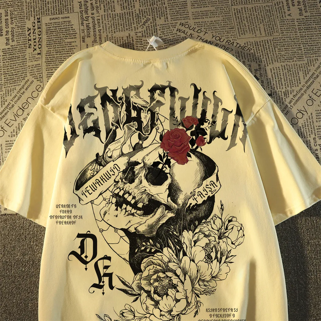 Herren Oversize-T-Shirt mit Totenkopf-Rosen-Print, Gothic-Streetwear, Kurzarm, lässiges Grafik-T-Shirt für den Sommer – Detail 5