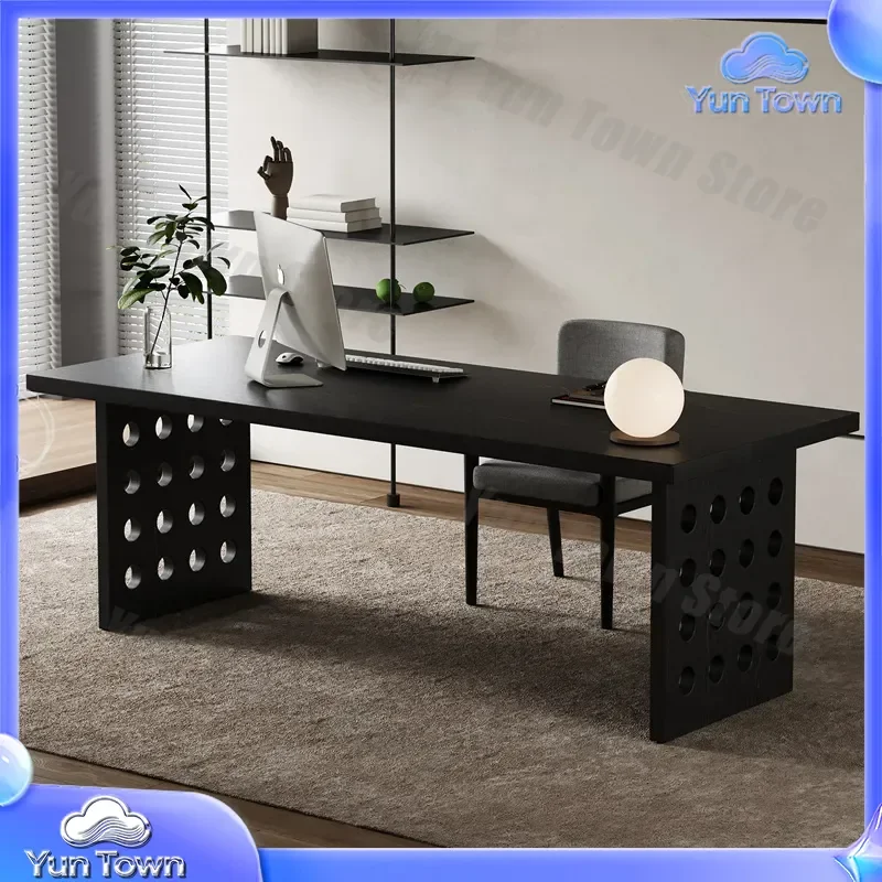 Black Double Desk for Wabi-Sabi Style Solid Wood Living Room Writing Table for Log Design Hole Board Computer Desk for Home