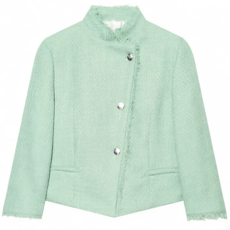 HXAO Women's Crop Tweed Jacket Autumn 2026 Fashion Mint Green Asymmetric Button Long Sleeve Blazers Office Wear Women Outerwears