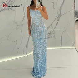 Elegant Dubai Spaghetti Straps Blue Luxury Blue Evening Dress for Women Arabic Long Formal Prom Wedding Party Gown Customized