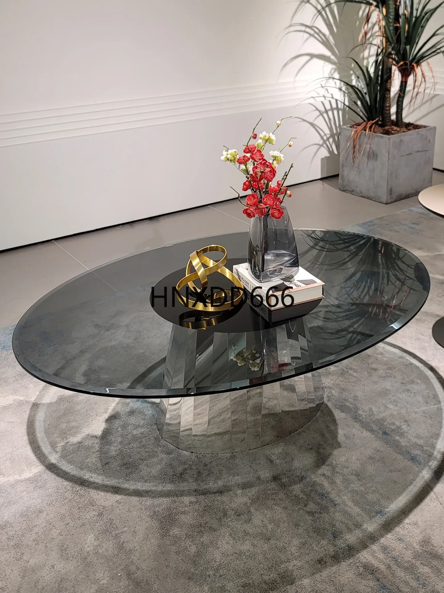 Oval stainless steel living room tempered glass coffee table