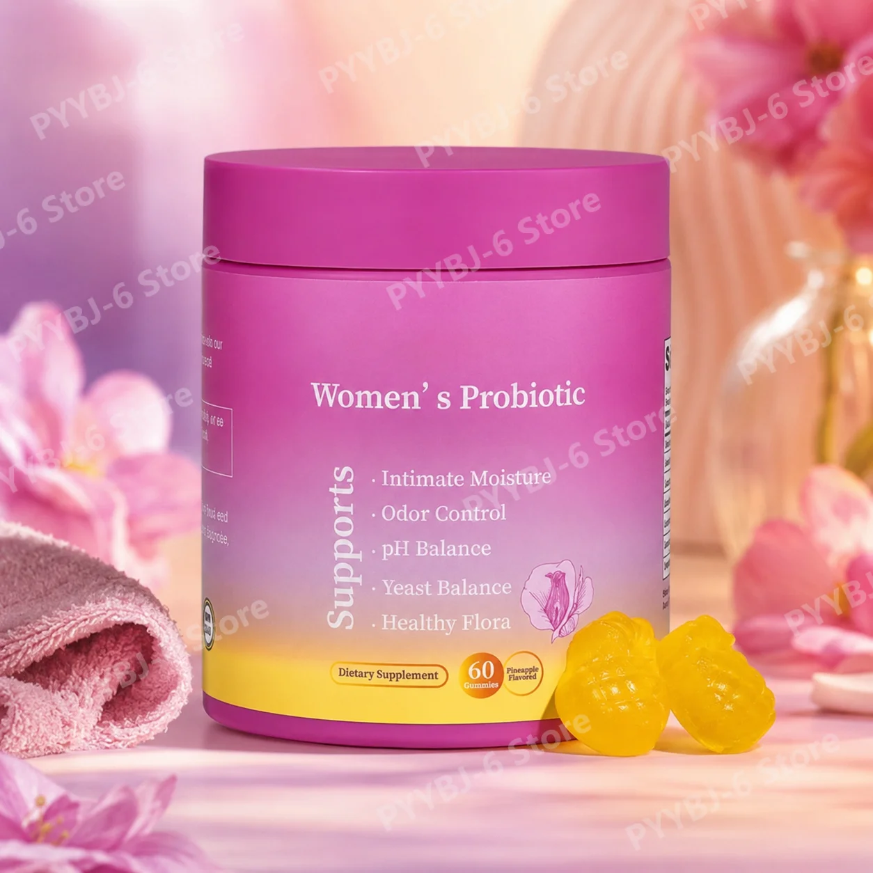 Probiotic Gummies Pineapple Flavor with Prebiotics, Daily Digestive Wellness & PH Balance Support, Women’s Supplement 60pcs