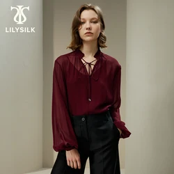 LILYSILK Silk Blouse for Women 2023 Fall New Semi-Sheer Tie Front Drawstring Georgette Top Traf Outfits Free Shipping