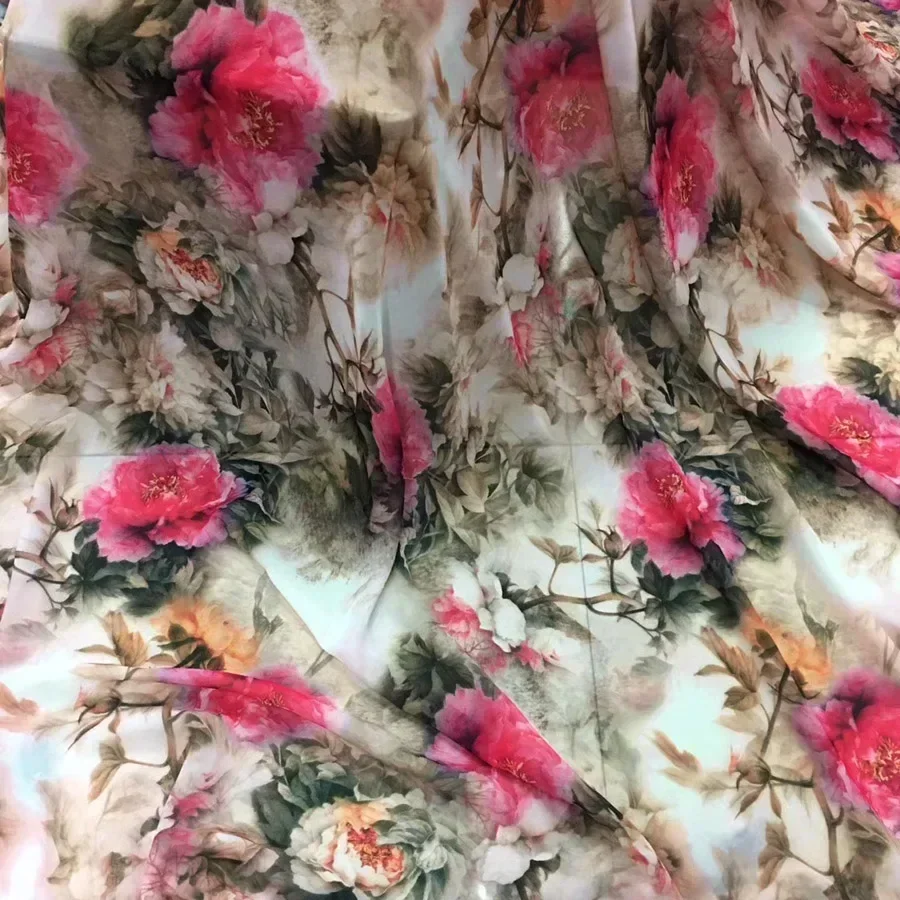 Soft 50D Peony Printed Chiffon Fabric Floral Cloth Silky Scarf Cosplay Dress Skirt Clothing Tissue