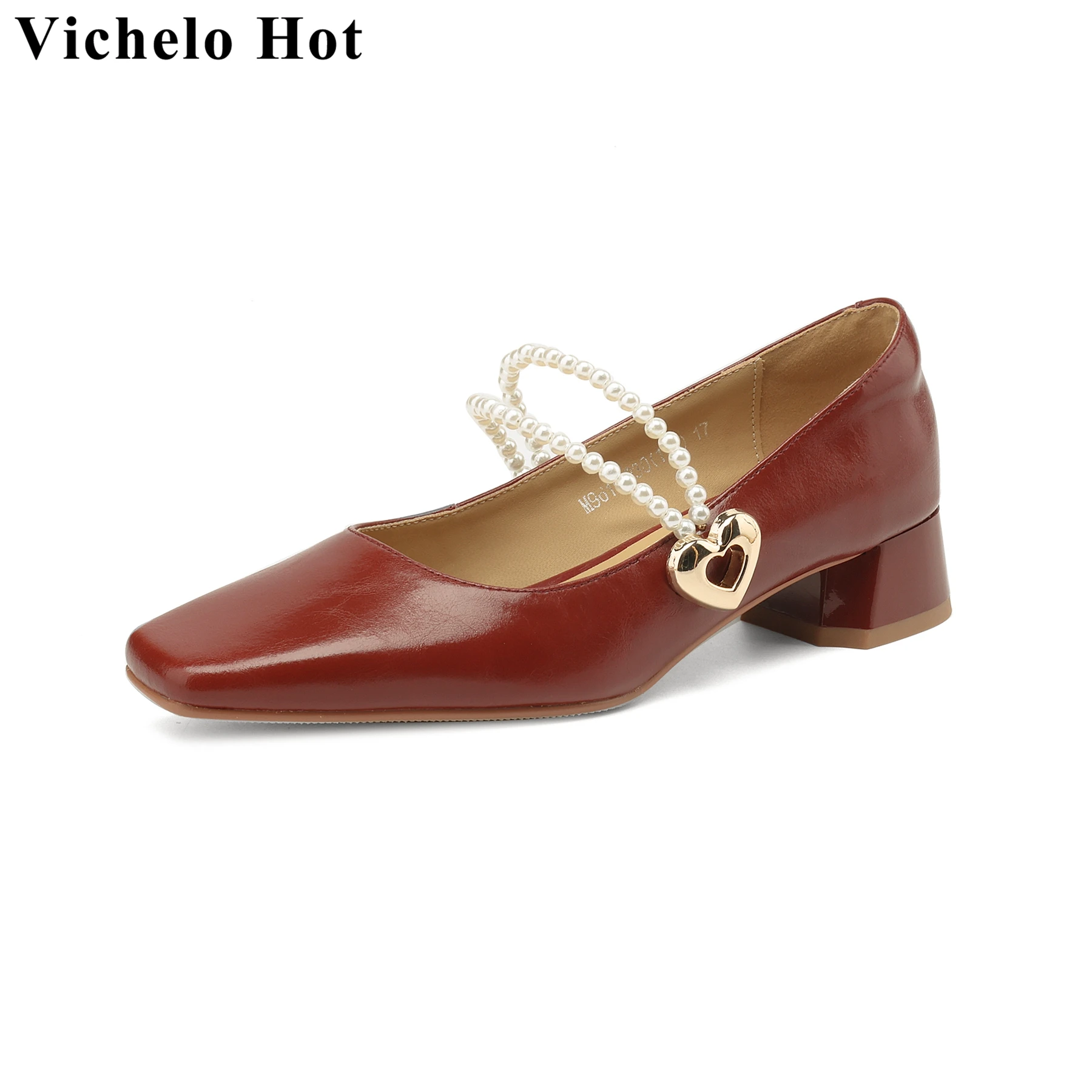 

Vichelo Hot Cow Leather Square Toe Shallow Med Heels Spring Autumn Shoes Mary Janes Slip On Beading Elegant Basic Women Pumps