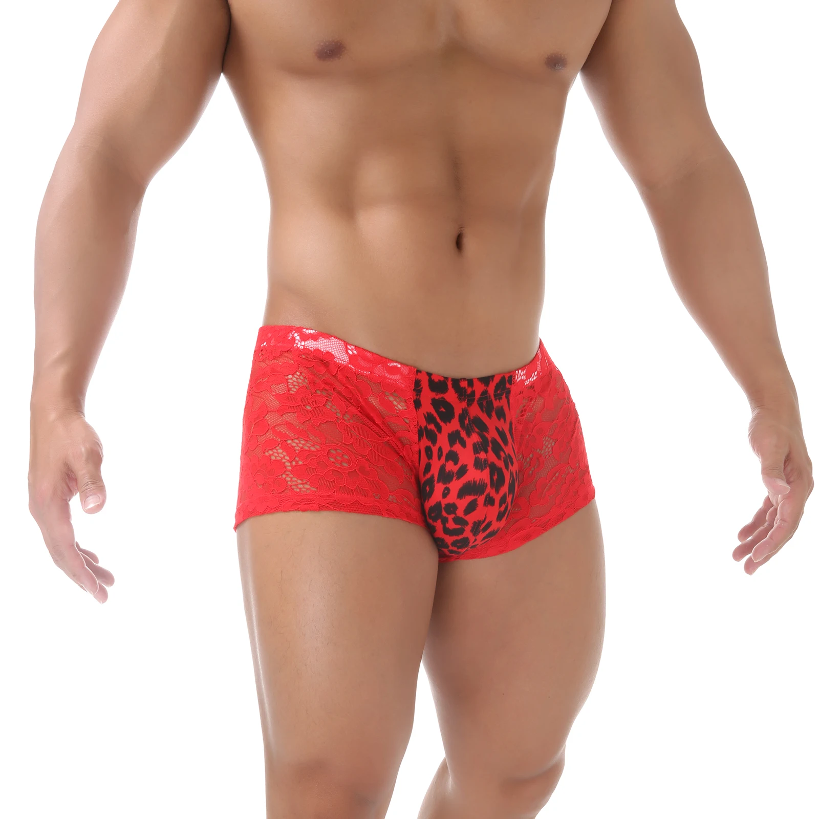 

Sexy Men Lace Sheer Boxers Shorts Underwear Man Leopard Panties Bulge Pouch Boxershorts See-through Erotic Lingerie Underpants