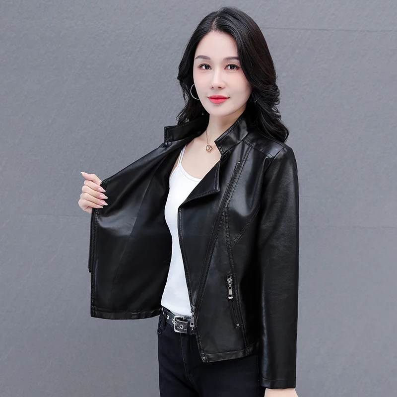 Women'S Spring And Autumn New Korean Version Slim Fit Versatile Short Leather Jacket Fashionable Casual Motorcycle Leather Coat