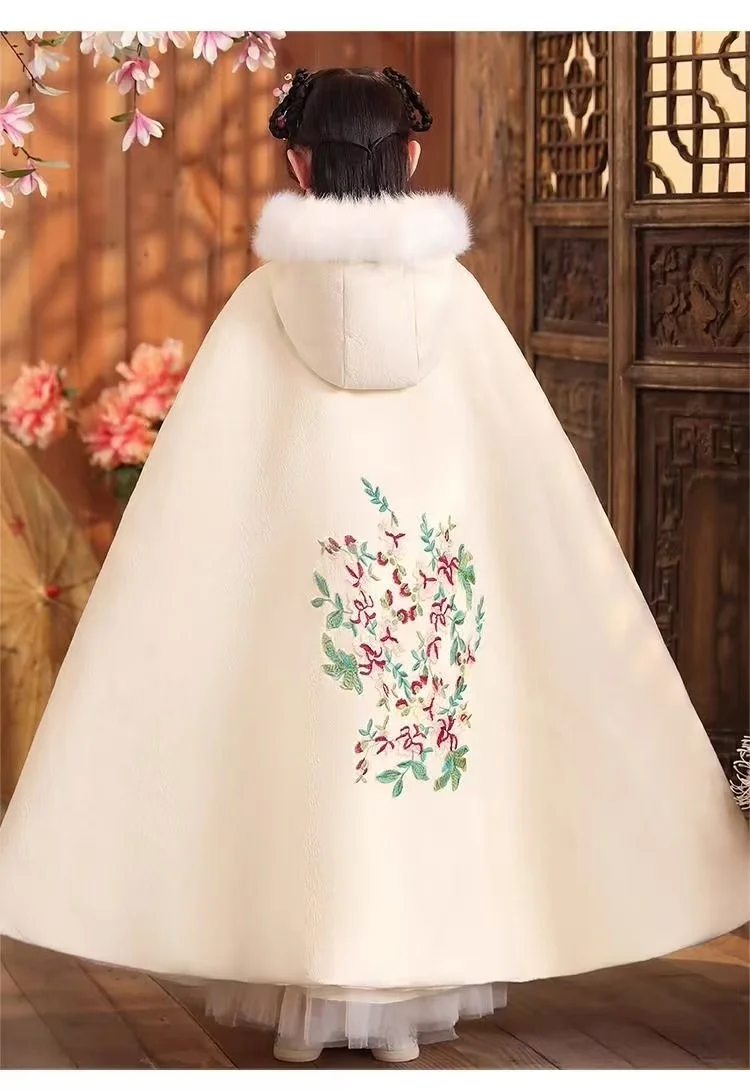 Autumn Winter Thicken Girls Embroidery Cloak Traditional Chinese Hanfu Outer Robe Lucky New Year Kids Stage Performance Cape