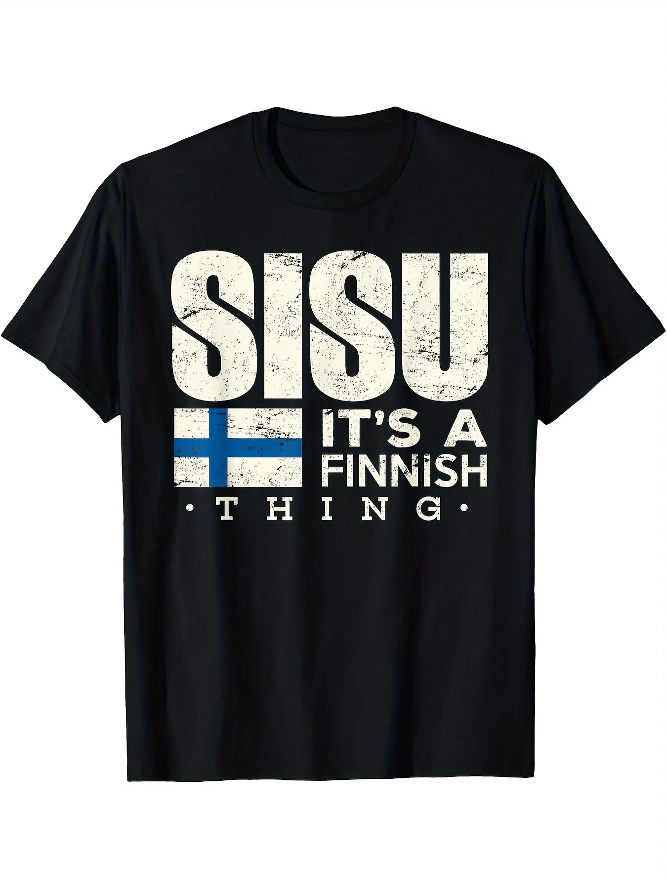 تي شيرت رجالي مقاس كبير برسومات سيسو فنلندا إنه شيء فنلندي عتيق باللون الأبيض والأزرق مطبوع عليه علم وياقة دائرية تي شيرت غير رسمي #1