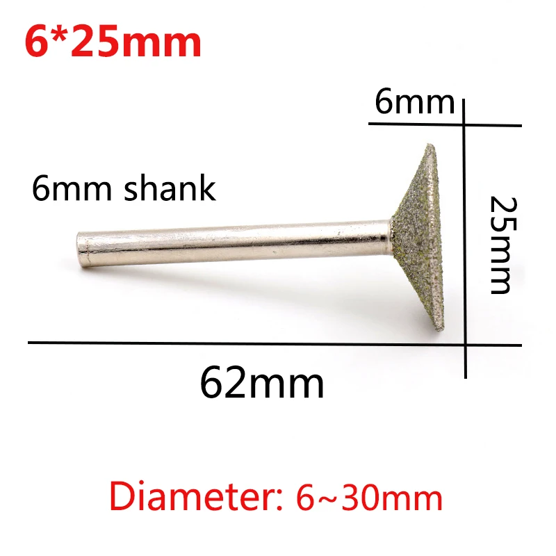 드레멜 로터리 공구용 T자형 전기 도금 다이아몬드 헤드 버 연삭 조각 비트, 6mm 생크, 6 ~ 30mm