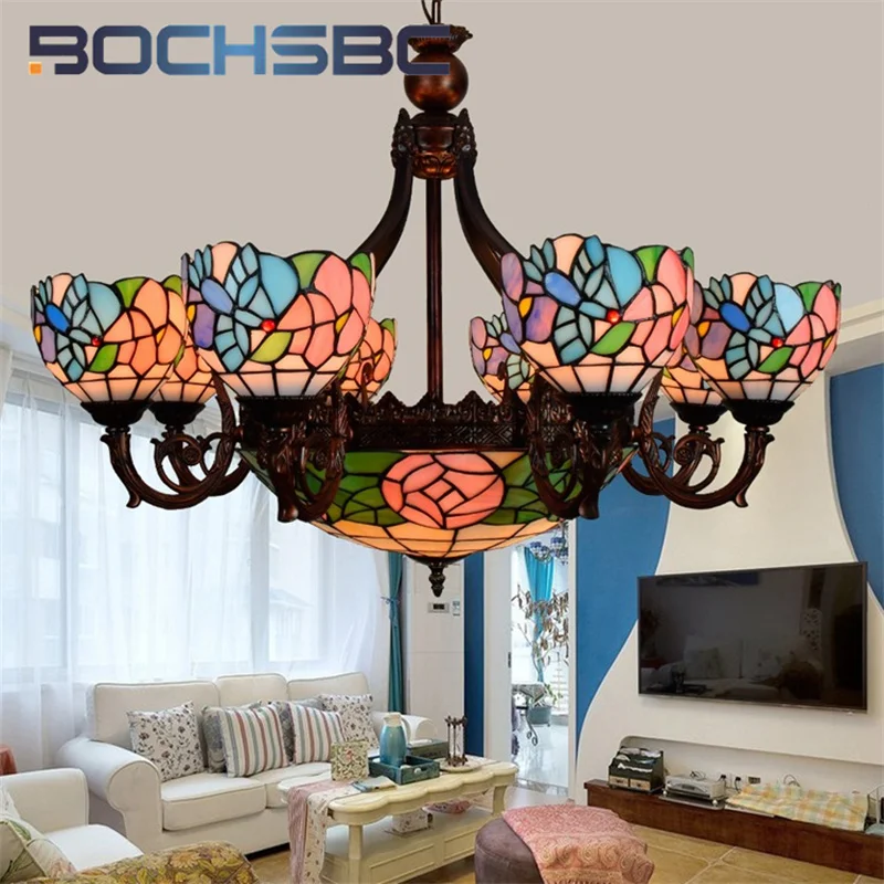 BOCHSBC Tiffany style stained glass simple Mediterranean Lotus bird chandelier Pendant lamp Living Room Restaurant Hotel decor