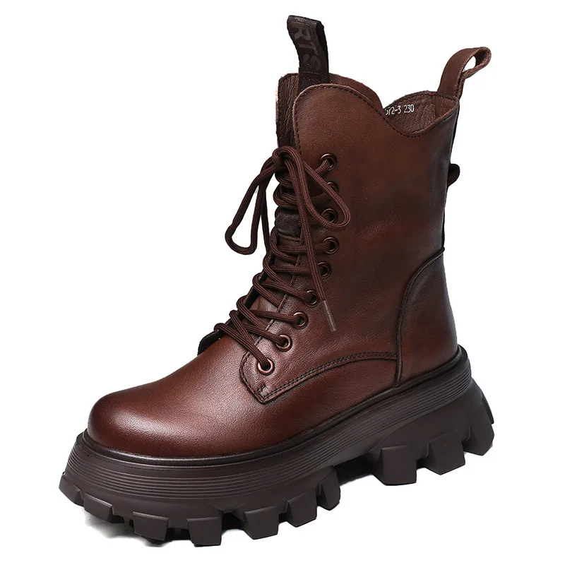 

Женские ботинки ручной работы в стиле ретро, роскошные теплые плюшевые ботинки до середины икры из 100% натуральной коровьей кожи на танкетке и платформе, женские ботинки