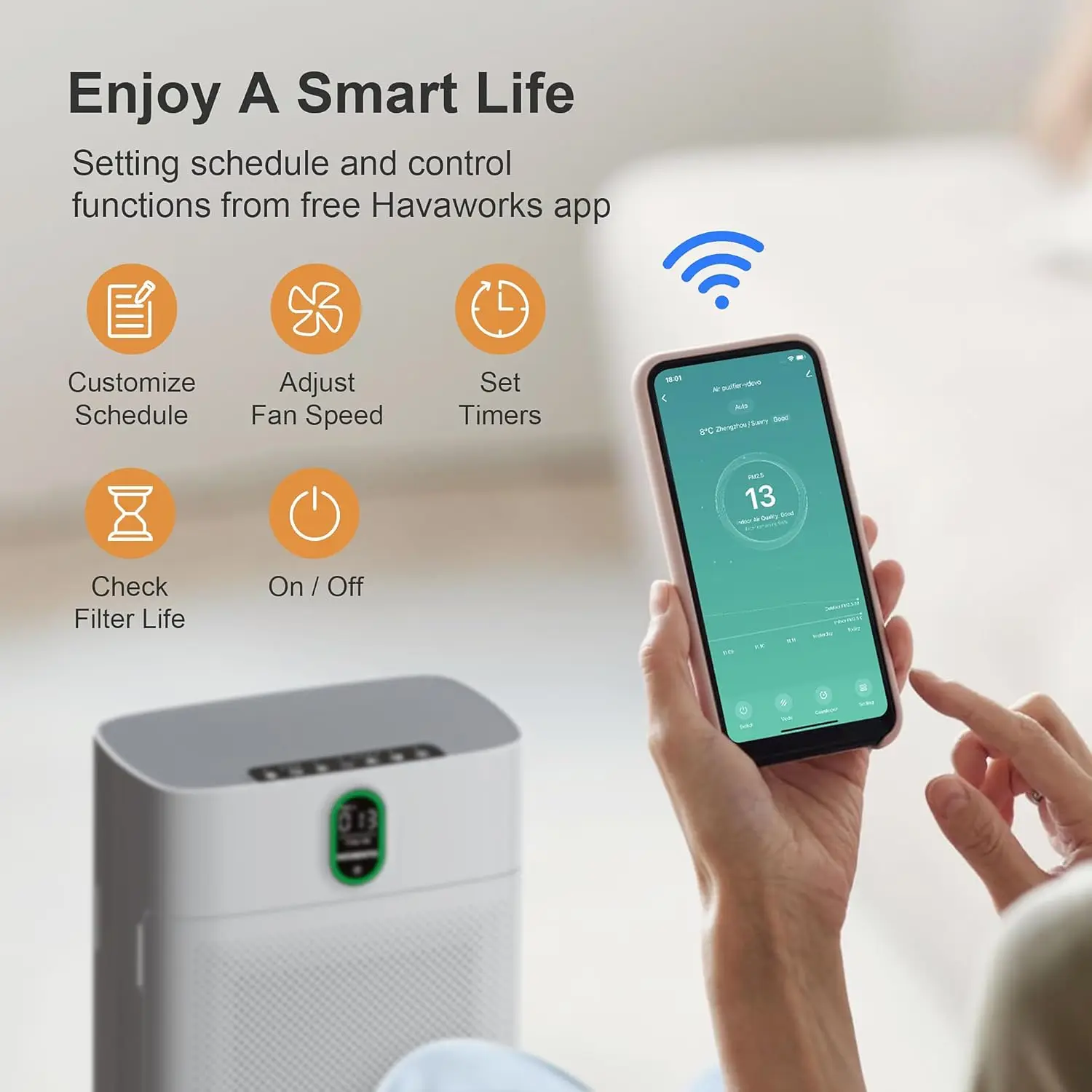 Purificador de aire inteligente para habitaciones grandes del hogar de hasta 1076 pies, compatible con Wi-Fi y Alexa, pantalla de calidad del aire PM2.5, modo automático