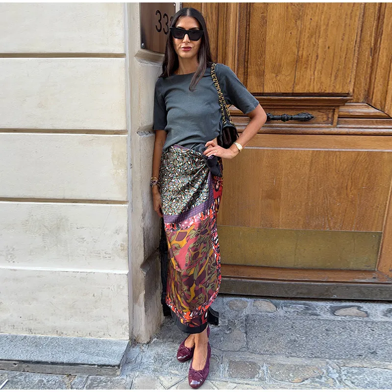 Printed Women's Midi Skirt Wrap Skirt Side Button Wrap Around Skirt Oil Painting Floral Skirt Daily Fashion Wear