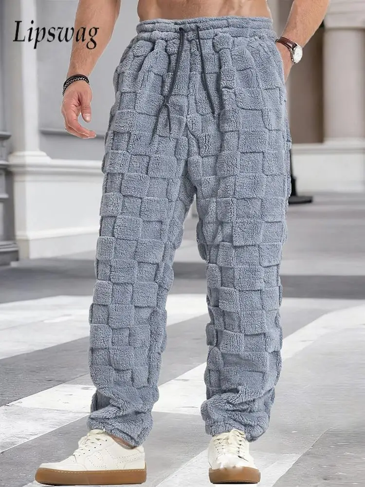 

Leisure Mens Plush Pants Fall Winter Outdoor Casual Loose Cozy Fleece Trousers Vintage Checkered Textured Men's Straight Pants