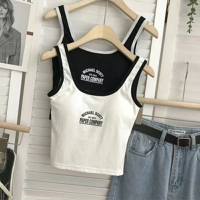 Athletic Letter Tank Top One-Piece Fixed Cups Cotton Outwear Bottoming Underwear