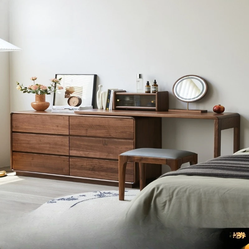 

Solid wood dresser chest, integrated cosmetic table, bedroom removable black walnut bedside storage cabinet