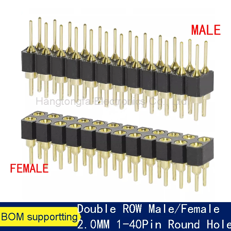 10 Stks/partij 2.00Mm Pitch Ronde Gat Pin Header Mannelijke Vrouwelijke Enkele Dubbele Rij 2*2/3/4 - 40P 1x 40pin Vergulde Ronde Pin Header