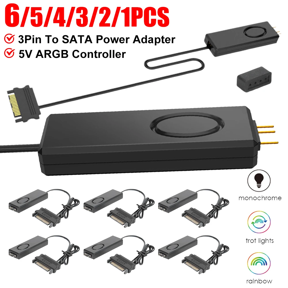 

6-1PCS 3Pin To SATA Power HUB Adapter 5V ARGB Controller Lightweight RGB Remote Controllers For Chassis Cooling Fan LED Strip