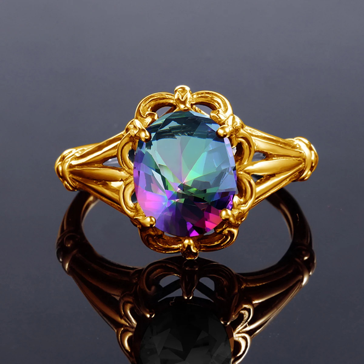 Luxuriöser Gelbgold-Mystic-Topas-Ring mit ovalem Stein 8*10mm Damenschmuck Handgefertigt Hochwertige Edelsteine Geburtstagsgeschenk Trendprodukt – Detail 2