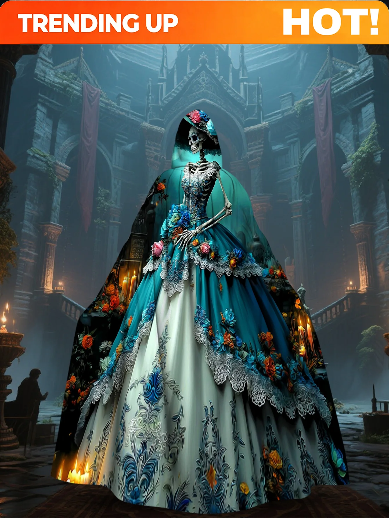 Customization 1pc LianyaoShi Selected 2D Flat Printing Day Of The Dead Must-Have Hooded Cape For Travel, Colored Death Sugar Sku